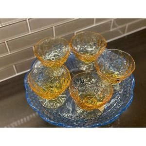 Set of 5 Amber Crinkle Glass Driftwood Footed Sherbet Cups Champagne Cups